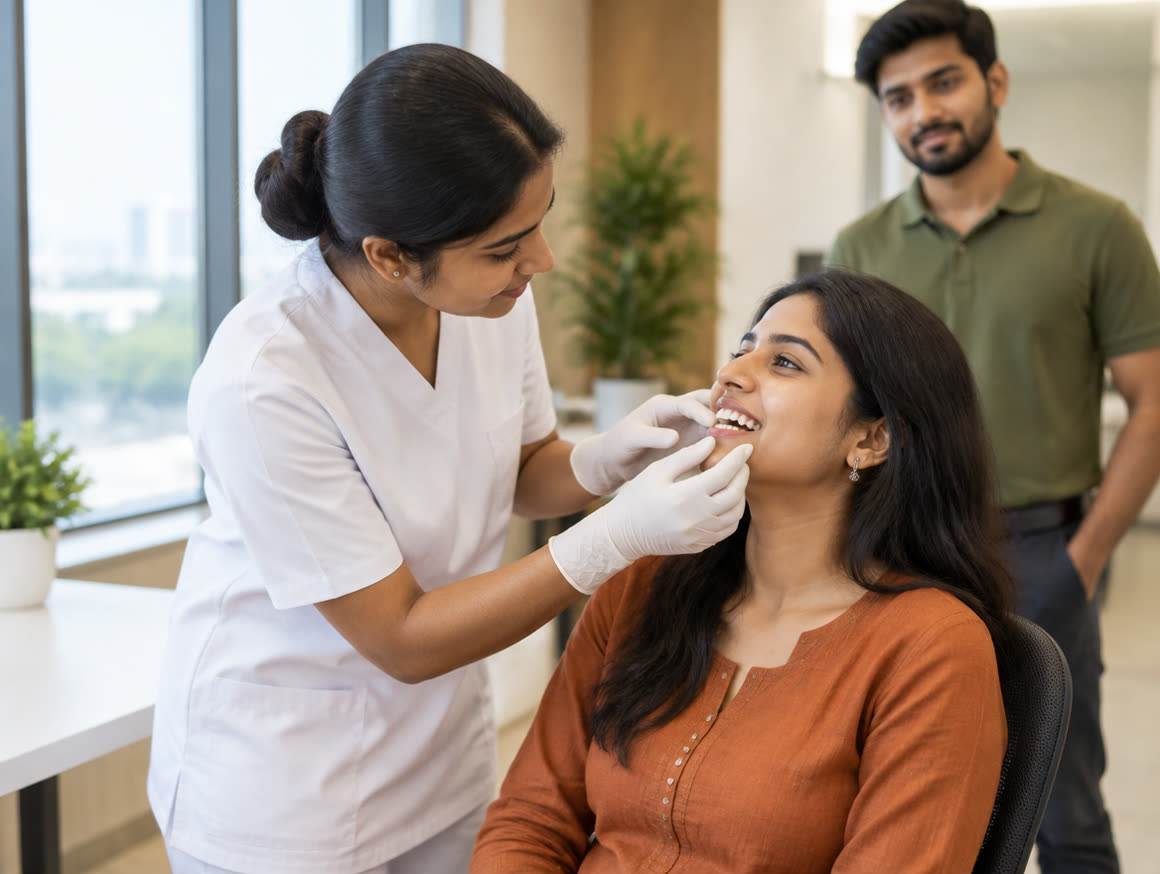 A dental assistant carrying out a one-to-one check on an employee at the office