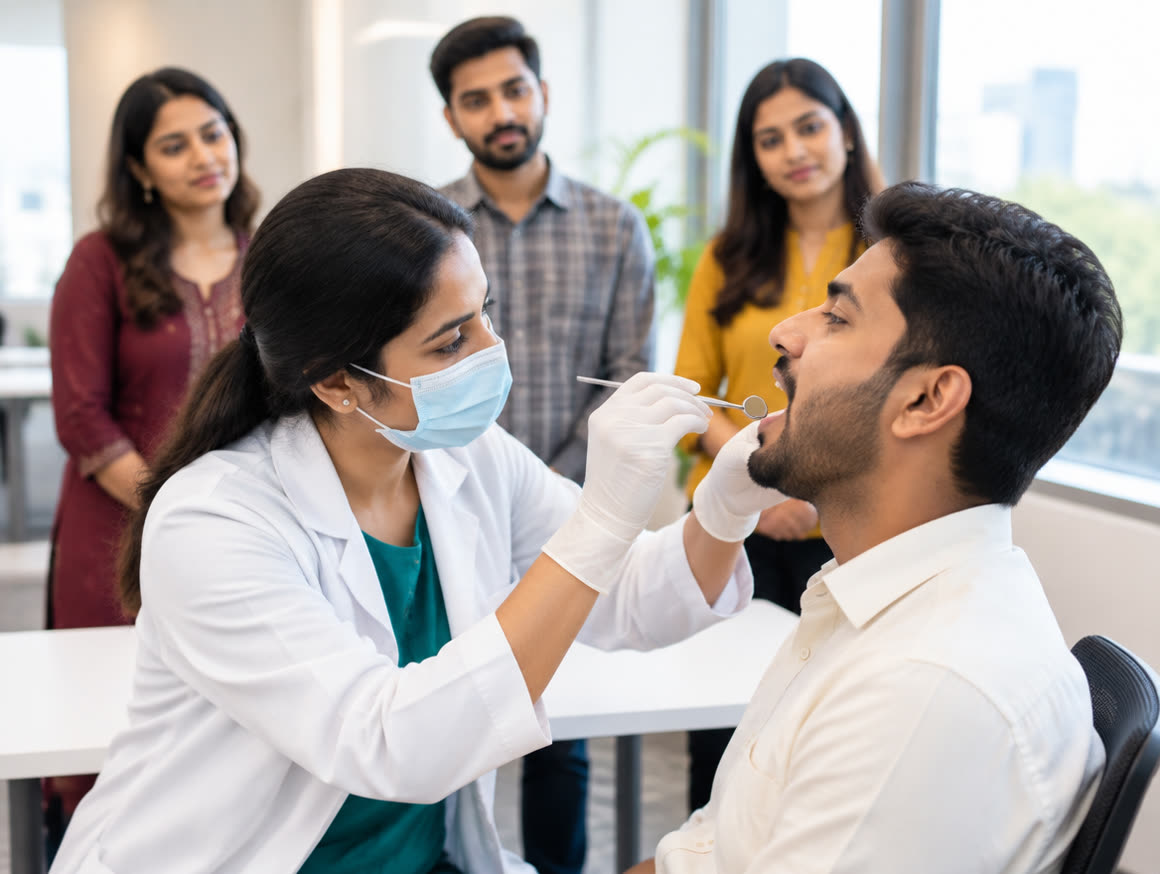 A dentist in gloves and mask screening an employee at an on-site workplace dental camp