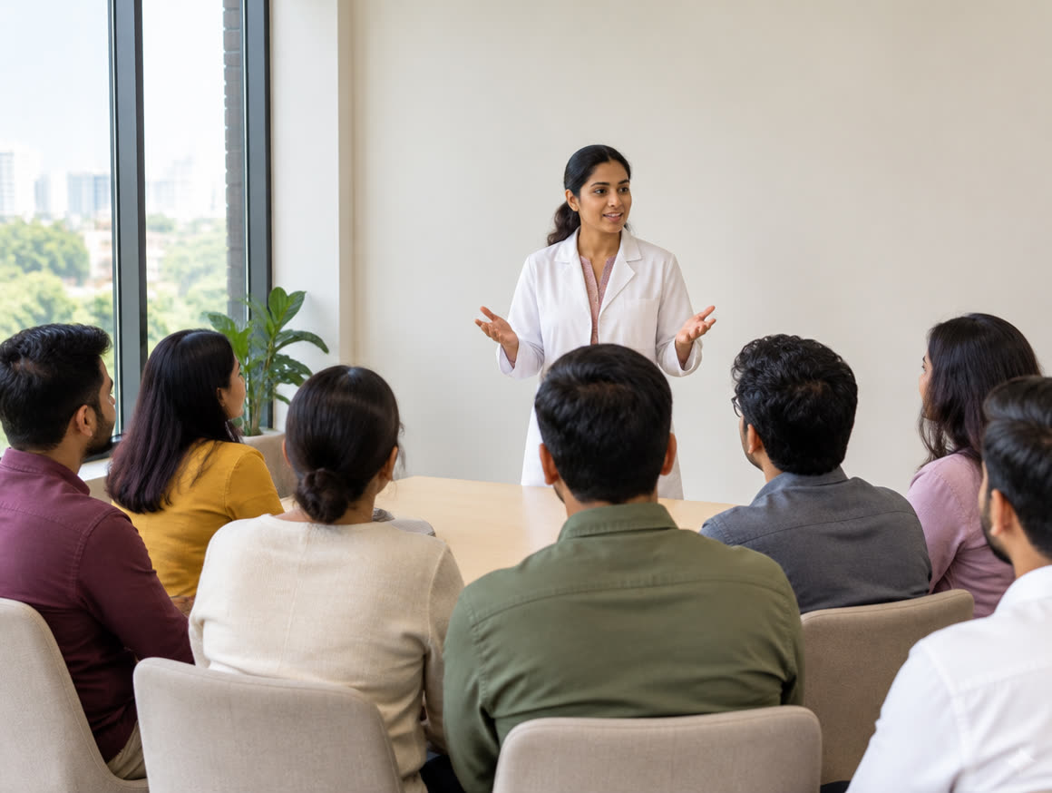 A dentist giving a short oral-health awareness talk to office staff