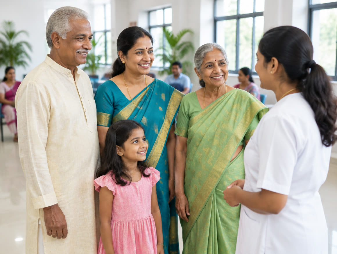 A family talking to the dental team after their check-up at a society camp