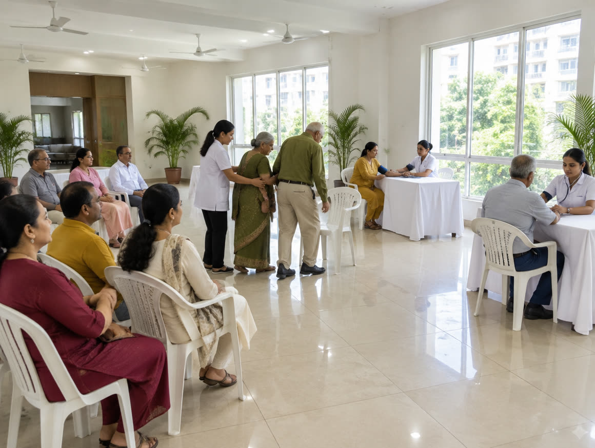 Screening stations set up in a society clubhouse hall with residents waiting