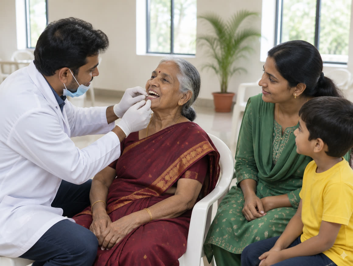 A dentist examining a senior resident at a housing society dental camp