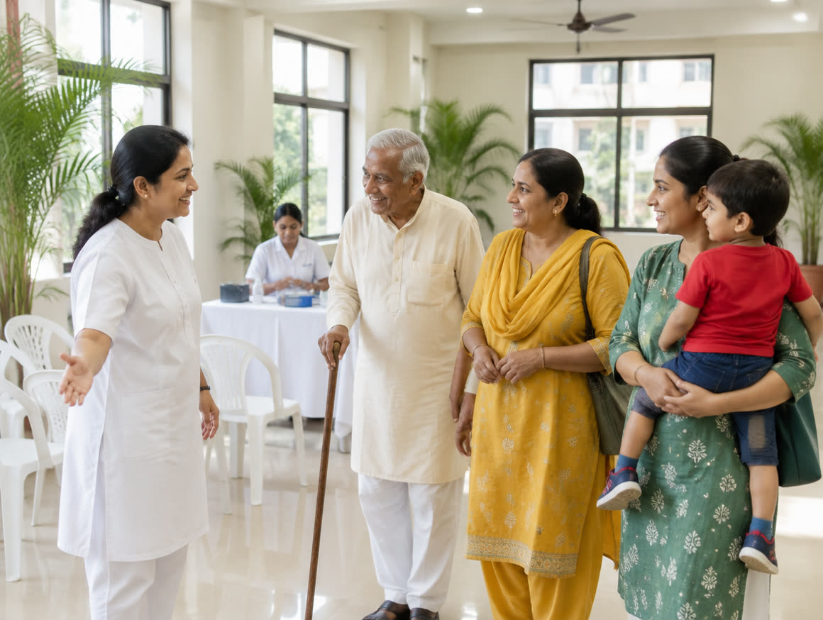 Residents arriving for a dental camp in their society clubhouse